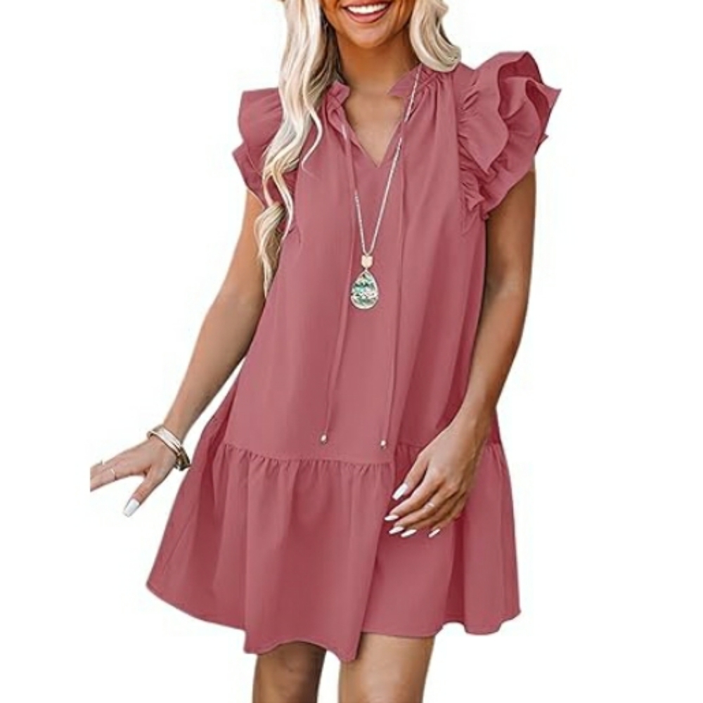 Mini Dress V-Neck Drawstring Ruffle Cap Short Sleeve Side Pockets Pinkish